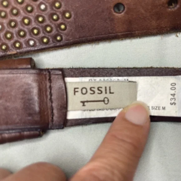 Fossil Brown Leather Studded Belt Silver Buckle Sz M - Picture 5 of 7